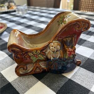 Holiday Ceramic Sleigh with Bear Design Candy dish